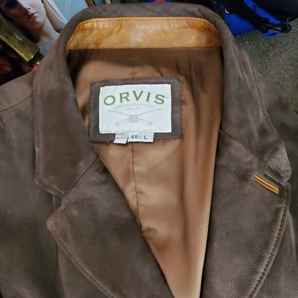 Orvis Mens Size 48 L Brown Genuine Leather Bandera Blazer Hunting Jacket Coat - Picture 7 of 13